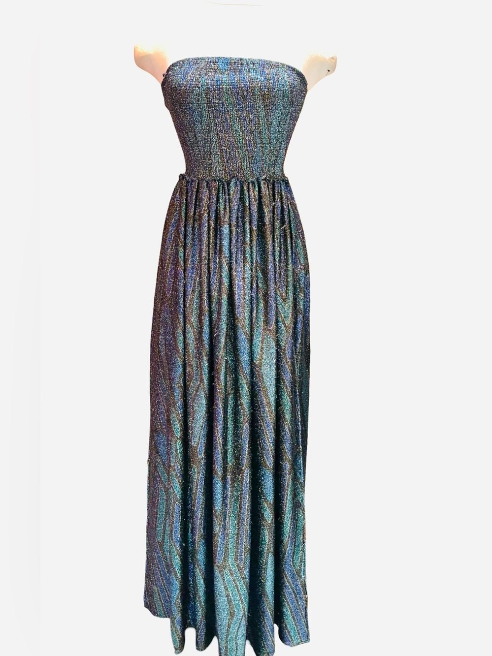 RAMY BROOK  Teal metallic Strapless Smocked Maxi Dress Sz XS